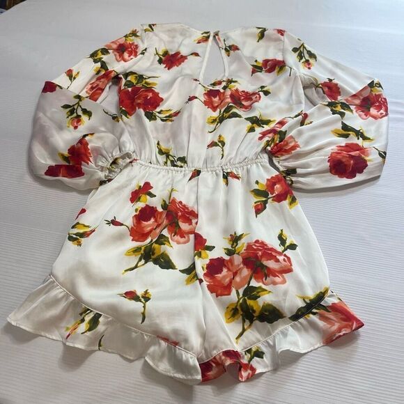 SHOW ME YOUR MUMU Romper XS Satin ROCKY White Rose V-NECK LONG SLEEVE - Picture 9 of 10
